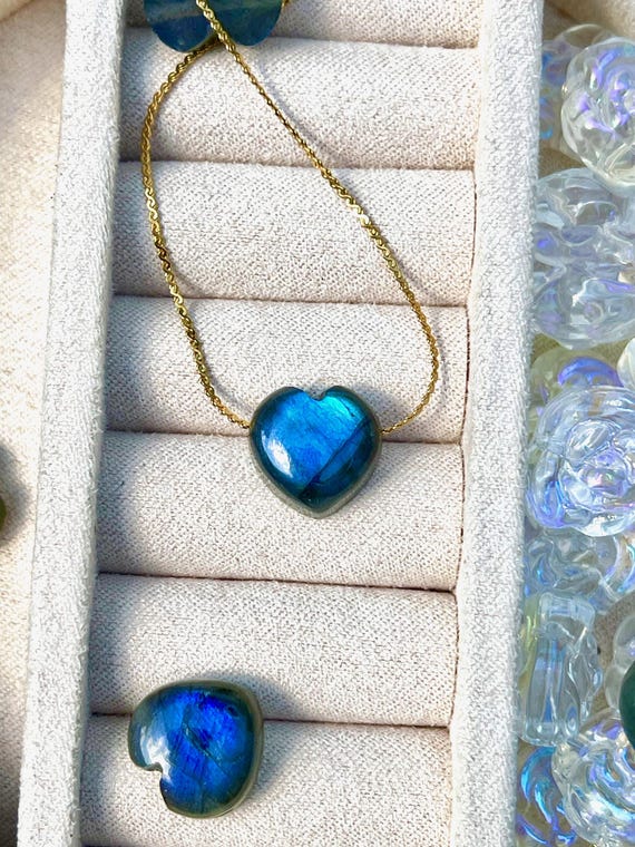 ラブラドライトハートネックレス - ブルーラブラドライトハート、18K 