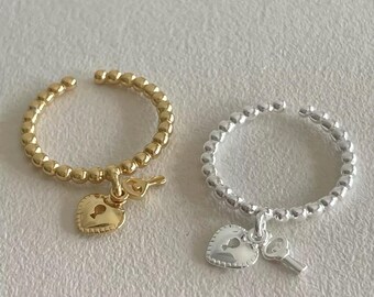 Sterling Silver Heart Lock & Key Ring • Dainty Beaded Adjustable Band