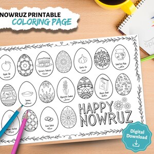 szczęśliwy Nowruz kolorowanka i arkusz do nauki, perski Nowy Rok, Haft Sin, Nowruz Kolorowanka, صفحه رنگ آمیزی, عید نوروز, فارسی, آموزش