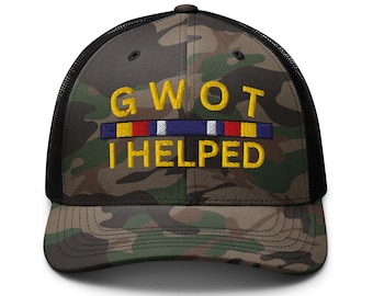 GWOT I Helped Hat – Embroidered Veteran Camo Trucker Cap