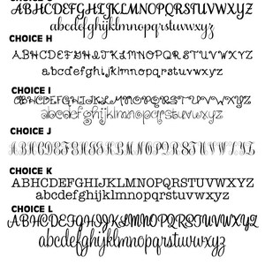 May include: Image showcasing six font choices for a product, labeled G through L. Each choice displays uppercase and lowercase alphabets. The text "TODDLE TAG FONT CHOICES" is at the top, with a note about bolder versions for clarity.