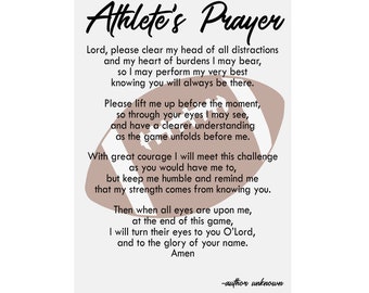 Könnte beinhalten: Weißer Druck mit dem Text "Athlete's Prayer" in Schreibschrift, begleitet von einer Football-Grafik. Das Gebet ist eine motivierende Botschaft für Sportler, mit unbekanntem Autor.