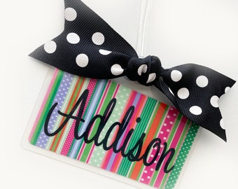 Girli Bag Tag, Luggage Tag, Back to School Bookbag Name Tag with Bow