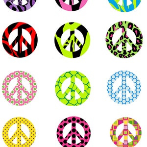 May include: A collection of twelve peace sign graphics with various patterns and colors. Designs include animal prints, polka dots, and geometric shapes in shades of purple, pink, red, green, yellow, and blue. Text at the bottom reads "PEACE SIGN OPTIONS."