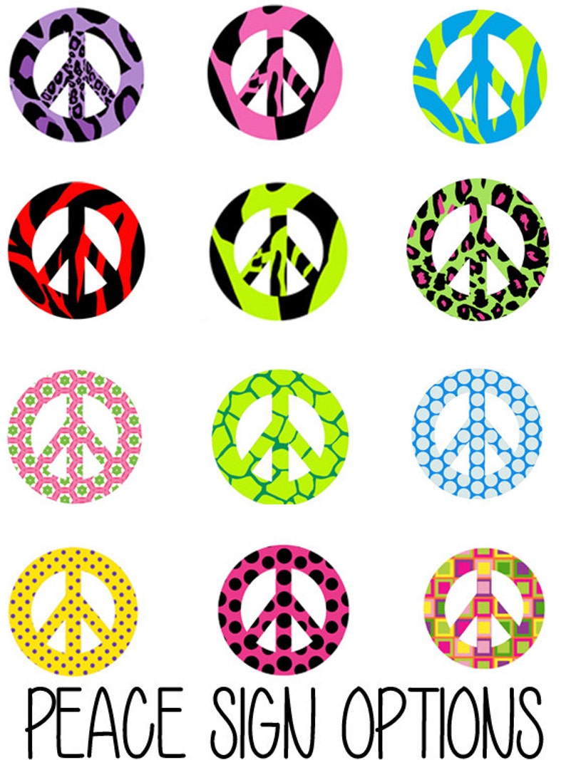 May include: A collection of twelve peace sign graphics with various patterns and colors. Designs include animal prints, polka dots, and geometric shapes in shades of purple, pink, red, green, yellow, and blue. Text at the bottom reads "PEACE SIGN OPTIONS."