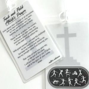 May include: Clear plastic luggage tags with a track and field theme. One tag features a prayer, the other a cross and track athletes. The text on the tag reads "Track and Field Athlete's Prayer."