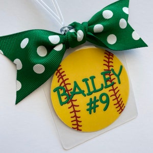 Softball Bow Bag Tag with multiple color choices for Softball Player, Mom or Coach, Name Tag Bag Tags for Softball Players