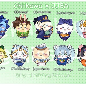 May include: A digital illustration featuring ten chibi-style characters labeled Chiikawa x JJBA. The characters are numbered 1 through 10 with names Jonashiza, Josegi, Jotarakko, Hachijosu, giomonga, usalyne, chiijohnny, Kurisuke, Jodimonga, and Dragokani.