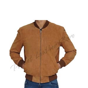 Men&#39;s Handmade  Bomber Real Leather Jacket, Men Biker Brown Ribbed leather jacket, Men&#39;s Vintage Brown Suede  Leather Jacket