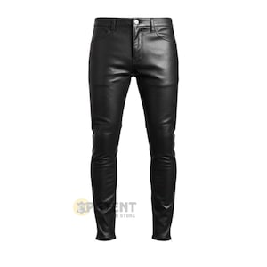 May include: Black leather trousers with a classic five-pocket design. The trousers have a button and zip closure and are made of a shiny, smooth material. The trousers are a slim fit and have a straight leg.