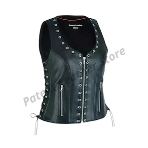 Genuine Leather Biker Vest: Women&#39;s Black Motorcycle Vest with Side Laces