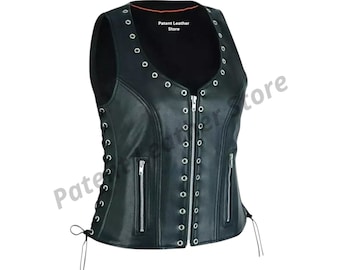 Genuine Leather Biker Vest: Women's Black Motorcycle Vest with Side Laces