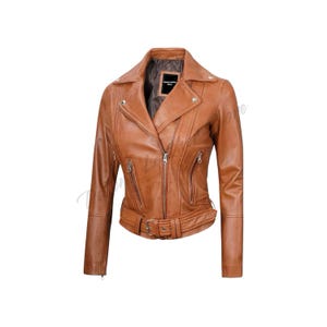 Blouson motard en cuir d&#39;agneau marron : Blouson moto pour femme