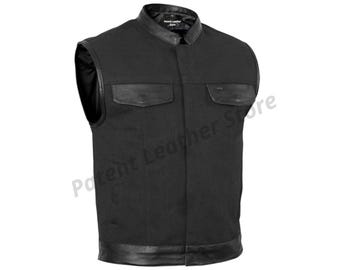 May include: A black vest with a stand-up collar and two front pockets. The vest features leather accents on the collar, pockets, and hem. The vest is sleeveless and has a tailored fit.