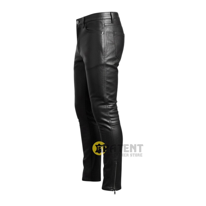 May include: Black leather trousers with a classic five-pocket design and a zip closure at the ankle. The trousers are made of a smooth, shiny leather material. The trousers are shown from a side view.