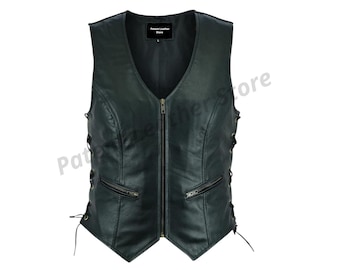 Genuine Leather Biker Vest: Women's Black Motorcycle Vest with Side Laces