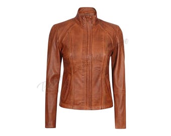 Chaqueta de motociclista de cuero genuino hecha a mano: Chaqueta de motociclista de moda para mujer