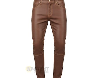 Men's Brown Vintage Leather Pants, Genuine Cowhide Leather Biker Pant, Street Wear Gift