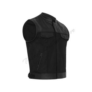 Men’s Biker Vest Hunt Club Leather and Codura Black Motorcycle  Style Vest
