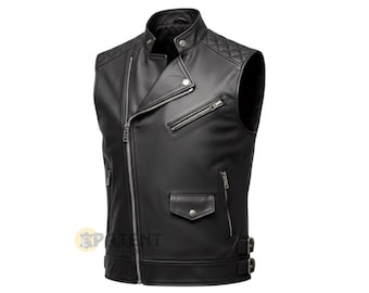 Men's Cowhide Leather Biker Vest:  Black Motorcycle Vest Gift For Him