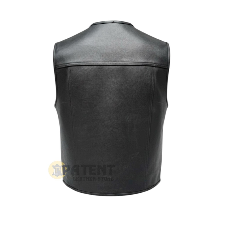 May include: A black leather vest with a rounded neckline and a tailored fit. The back of the vest features a horizontal seam across the upper back and vertical seams down the sides. The vest is a classic style, suitable for various outfits.