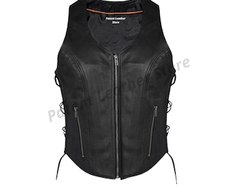 Genuine Leather Biker Vest: Women's Black Motorcycle Vest with Side Laces