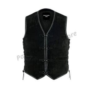 May include: Black suede vest with braided trim and metal clasps. The vest has a V-neck and side laces. The tag reads "Patent Leather Store".