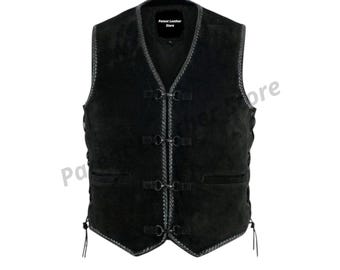 Men's Black Suede Leather Vest: Western Biker Style with Braided Trim