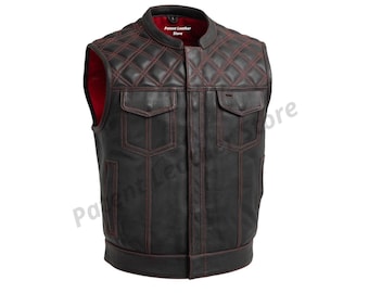 Men's Black Leather Motorcycle Vest: Diamond Quilted Biker Vest Gift For Bikers