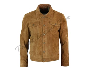 Men's Brown Suede Leather Trucker Jacket: Western Style