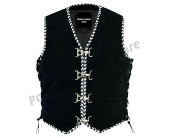 Men's Black Suede Leather Vest: Western Biker Style with Braided Trim