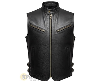 Cowhide Leather Motorcycle Club Vest: Men's Black Biker Vest