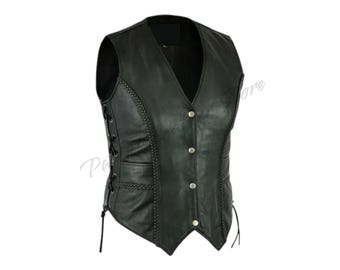 Genuine Leather Motorcycle Vest: Women Black Biker Vest with Side Laces
