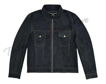 Men's Black Suede Leather Trucker Jacket: Western Denim Style