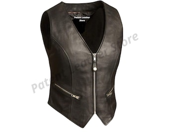 Genuine Leather Biker Vest: Women's Black Motorcycle Vest with Side Laces