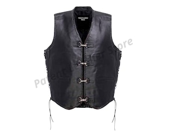 Men's Black Leather Motorcycle Vest – Western Biker Style with Braided Trim & Toggle Closure