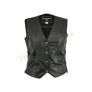 Women&#39;s Black Leather Biker Vest: Laced Sides, Punk Style