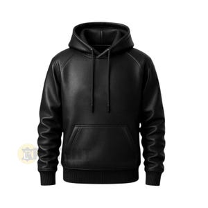 May include: A black leather hoodie with a drawstring hood and a kangaroo pocket. The long-sleeved sweatshirt has ribbed cuffs and hem. The hoodie is a solid black color.