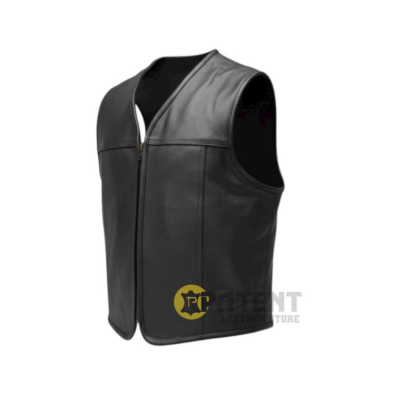 May include: A black leather vest with a V-neck and a full-length zipper closure. The vest has a classic design with vertical seams and a tailored fit. The image shows the vest from a side angle, highlighting its shape and details.