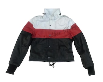 Tricolor Lambskin Leather Biker Jacket - Handmade Women's Fit