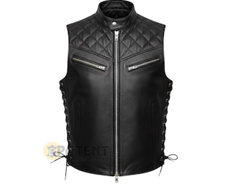 Men's Sheep Leather Motorcycle Vest:  Black Biker Vest Gift For Him