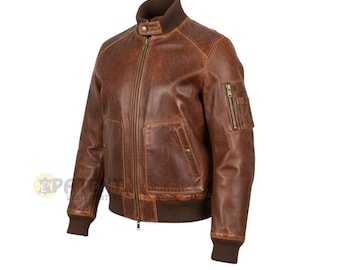 Chaqueta bomber vintage de piel de vaca marrón desgastada, chaqueta de piloto hecha a mano