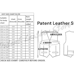 May include: A white size chart for vests, with measurements in centimeters. The chart includes sizes from Small to 10XL, chest measurements, and back length. The text "Patent Leather Store" is also visible.