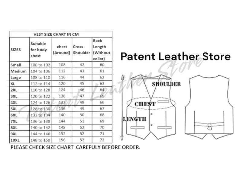May include: A white size chart for vests, with measurements in centimeters. The chart includes sizes from Small to 10XL, chest measurements, and back length. The text "Patent Leather Store" is also visible.