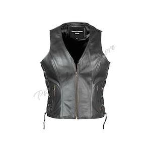 Genuine Leather Biker Vest: Women&#39;s Black Motorcycle Vest with Side Laces