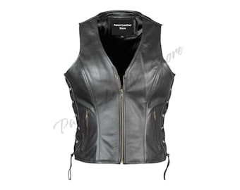Gilet de motard en cuir véritable : gilet de moto noir pour femmes avec lacets latéraux