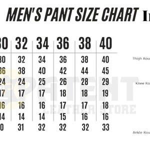 May include: A men's pant size chart in inches. The chart shows waist, hip, thigh, knee, calf, ankle, and inseam measurements for sizes 28 to 40. A pair of black trousers is shown with measurement lines.
