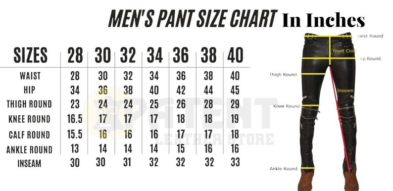 May include: A men's pant size chart in inches. The chart shows waist, hip, thigh, knee, calf, ankle, and inseam measurements for sizes 28 to 40. A pair of black trousers is shown with measurement lines.