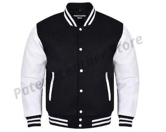 Men's Varsity Letterman Baseball Black Wool Genuine White Leather Sleeves Jackets