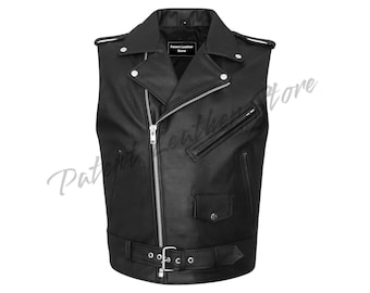 Men's Real Leather Biker Vest - Handmade Brando Motorcycle Vest
